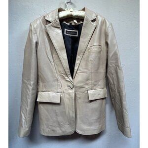 Vintage Marcel Kassini Women Small Single-Button Leather Blazer Jacket Tan Lined